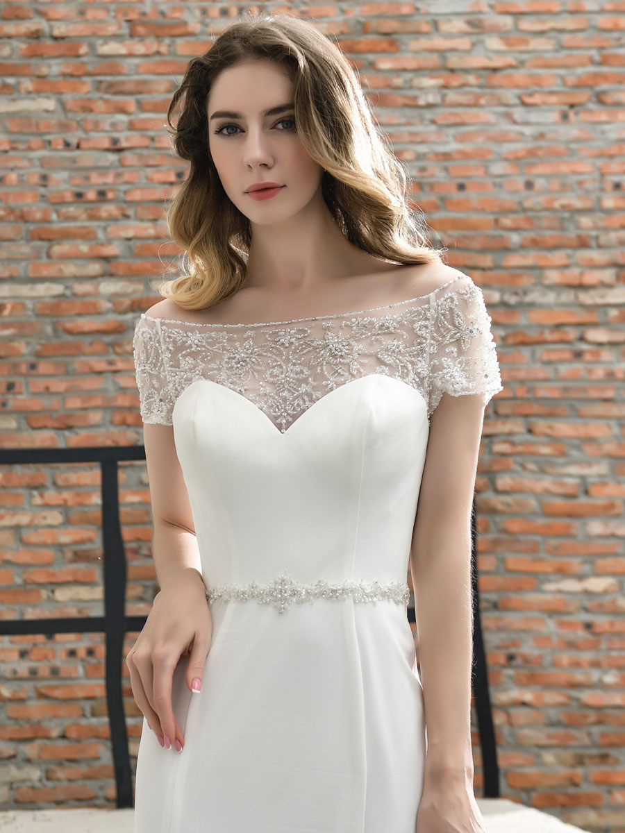 Wedding Dress Short Sleeves Illusion Neck Beaded Mermaid Bridal Gowns-newarrivaldress