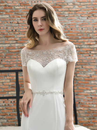 Wedding Dress Short Sleeves Illusion Neck Beaded Mermaid Bridal Gowns-newarrivaldress