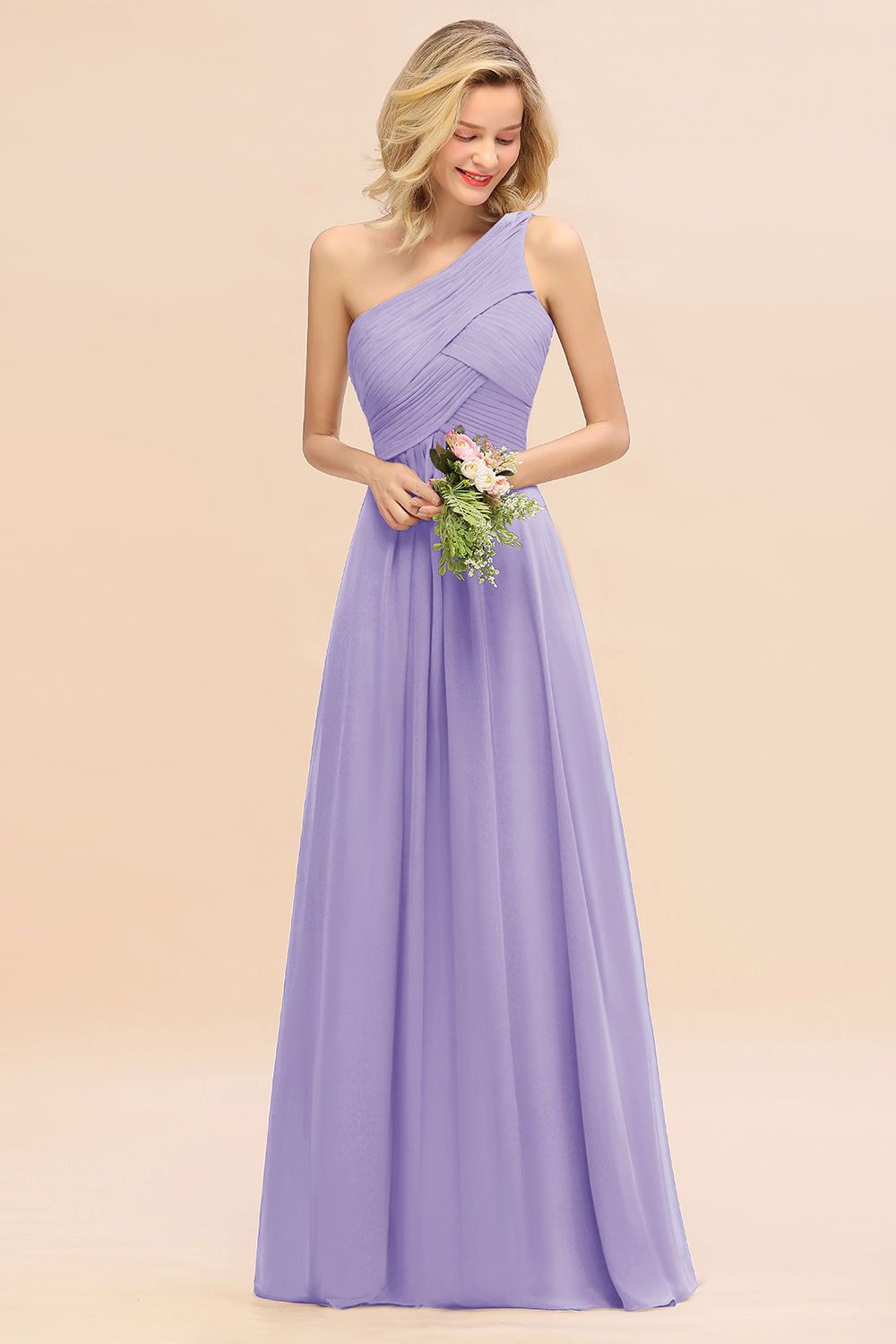 Elegant Ruched Chiffon One Shoulder Bridesmaid Dress Long Sleeveless Evening Dress-newarrivaldress