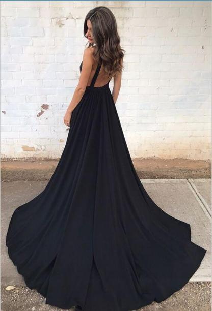 Backless Sexy Straps Black A-line Sleeveless V-neck Prom Dress-newarrivaldress