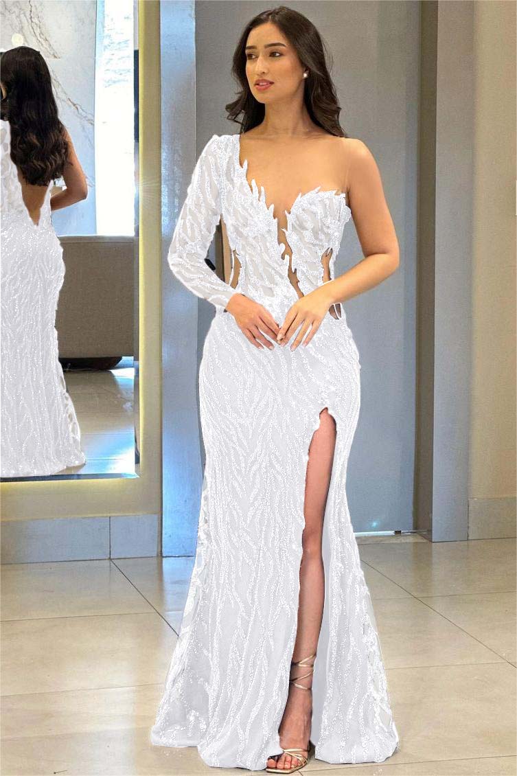 One Shoulder One Long Sleeve Backless Mermaid Split Prom Dress With Appliques