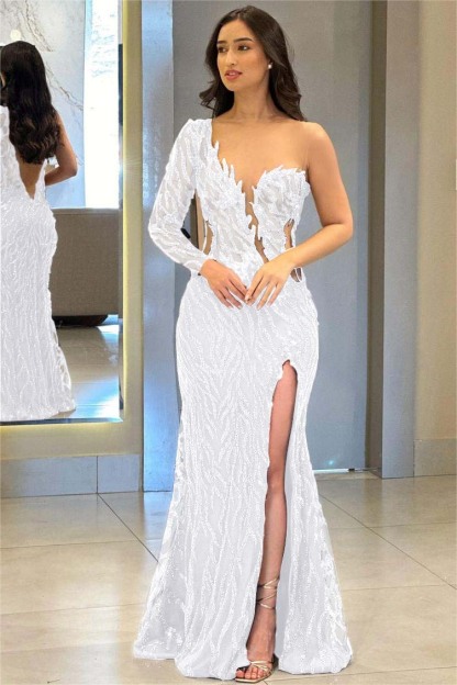 One Shoulder One Long Sleeve Backless Mermaid Split Prom Dress With Appliques