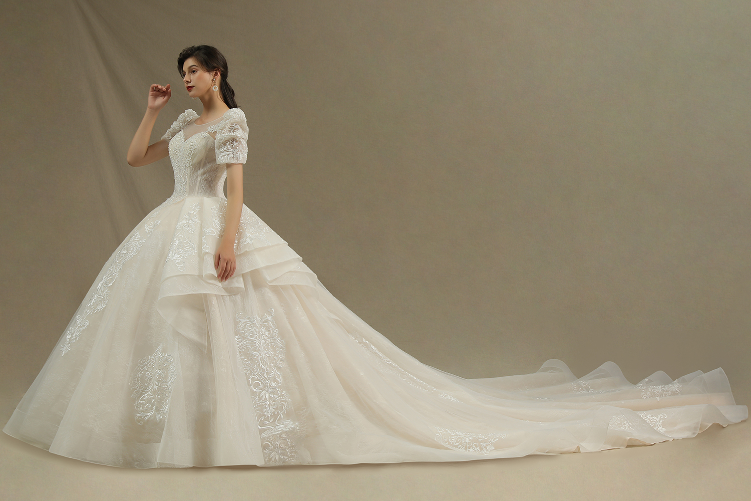 Elegant Short Sleeve Princess Ball Gown ALine Lace Appliques Wedding Dress-newarrivaldress