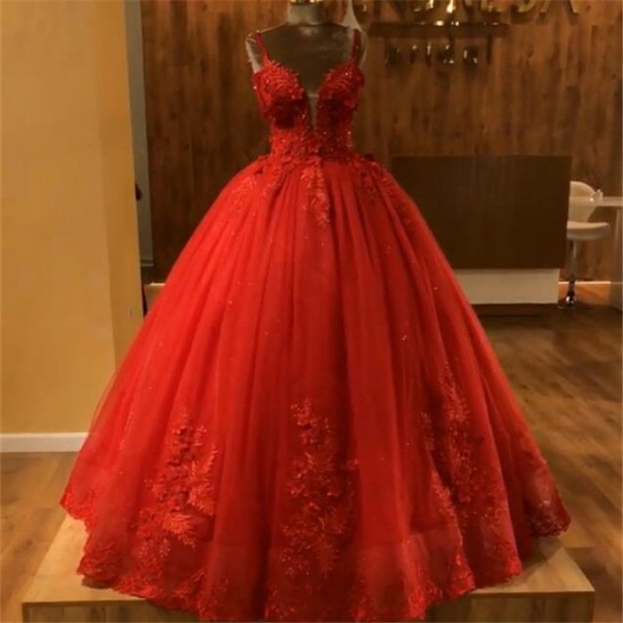 Red Straps Sleeveless Ball Gown Appliques Open Back Prom Dresses with Beading-newarrivaldress