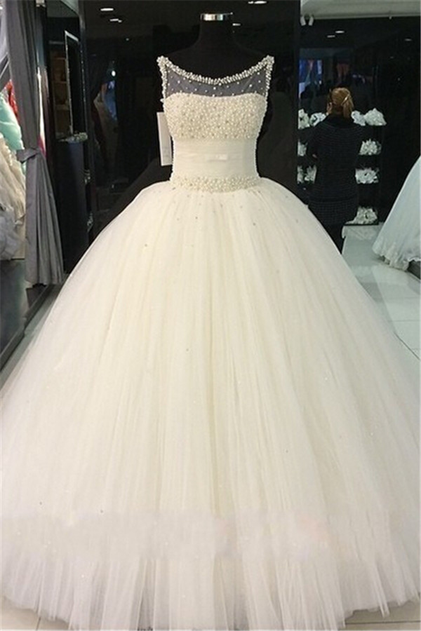 Pearls Beadings Princess Tulle Sleeveless Gorgeous Wedding Dress-newarrivaldress