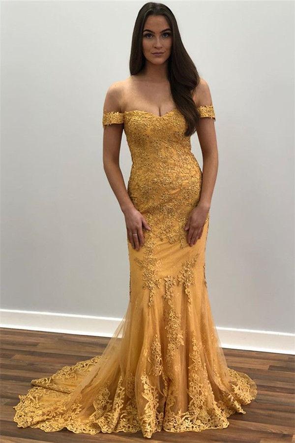 Yellow Off-The-Shoulder Appliques Tulle Mermaid Prom Dresses-newarrivaldress