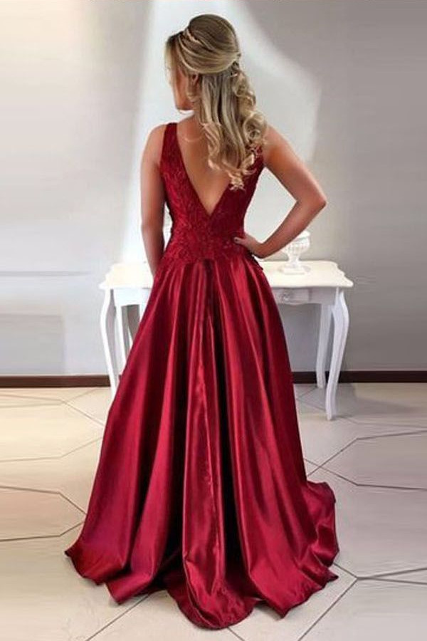 Vintage Burgundy Evening Dresses | Scoop Sleeveless Lace Appliques prom Dresses-newarrivaldress