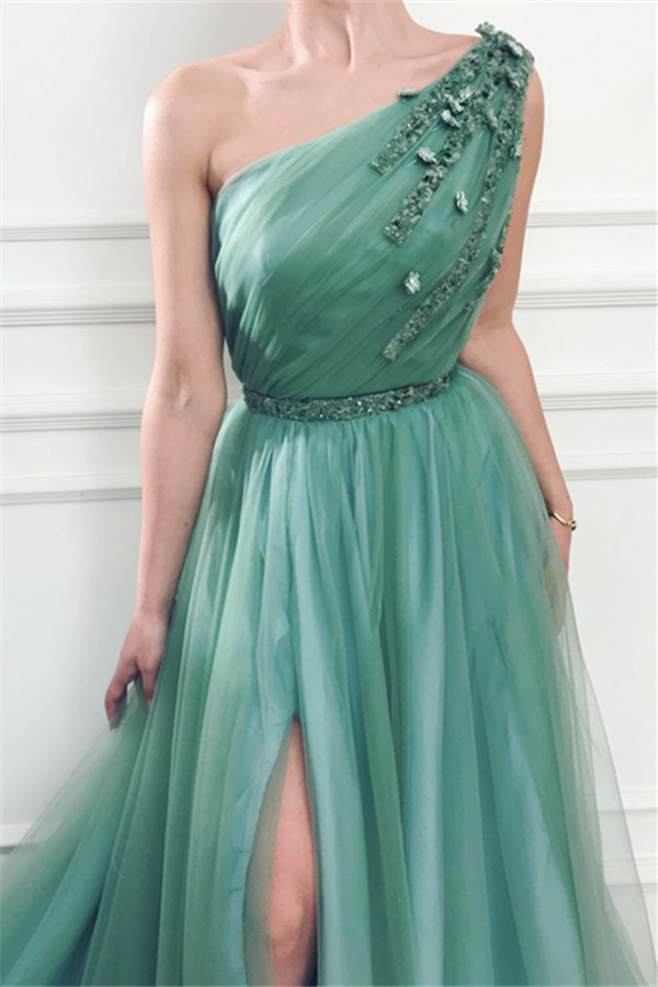 Elegant Appliques One-Shoulder Side-Slit Sleeveless Tulle A-Line Prom Dresses-newarrivaldress