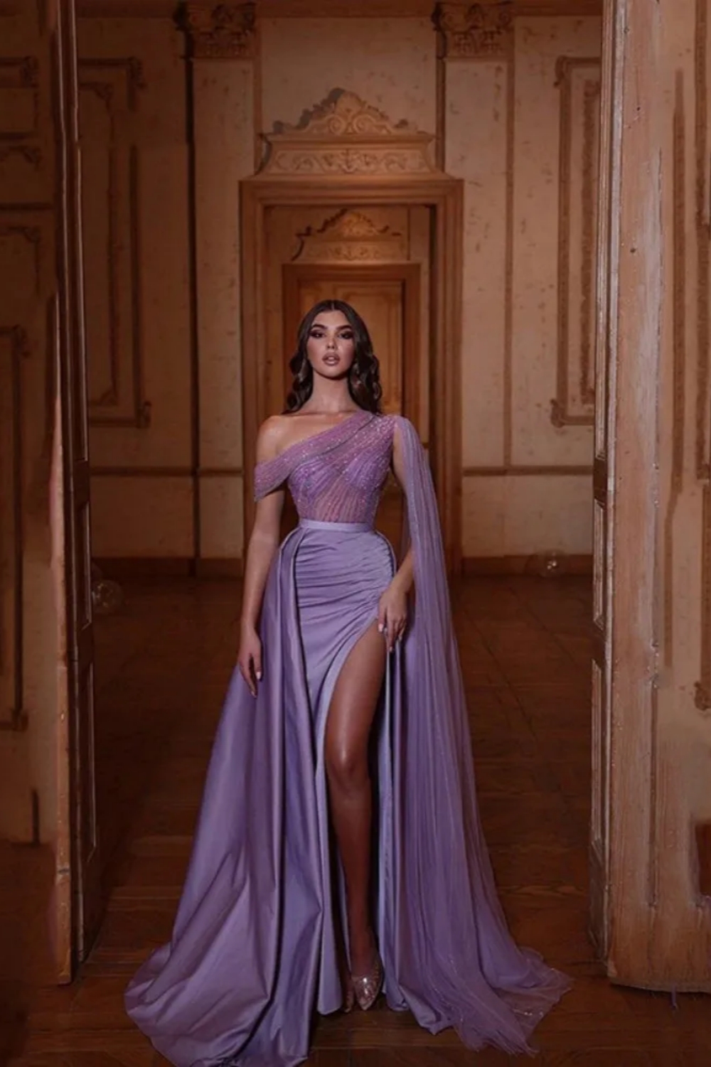 Charming One Shoulder Sparkly sequins Evening Dress Riched Satin Side Slit Prom Dress with Ribbons-newarrivaldress