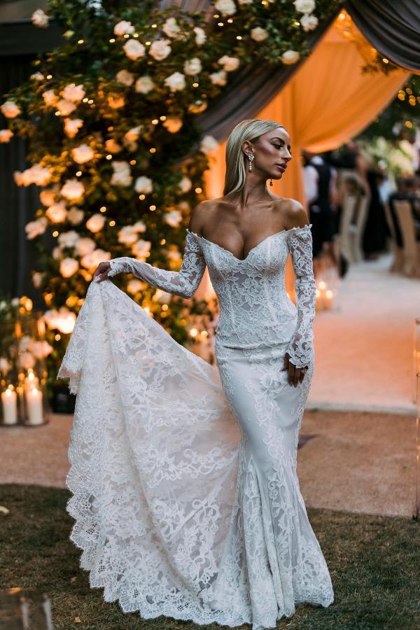 Romantic Off Shoulder Long Sleeves Mermaid Wedding Dress Floral Lace Bridal Dress-newarrivaldress
