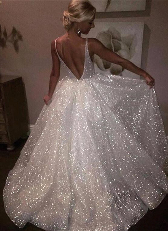 Sparkling Sequins Open Back Long Formal Dresses | Sleeveless Wedding Dresses-newarrivaldress