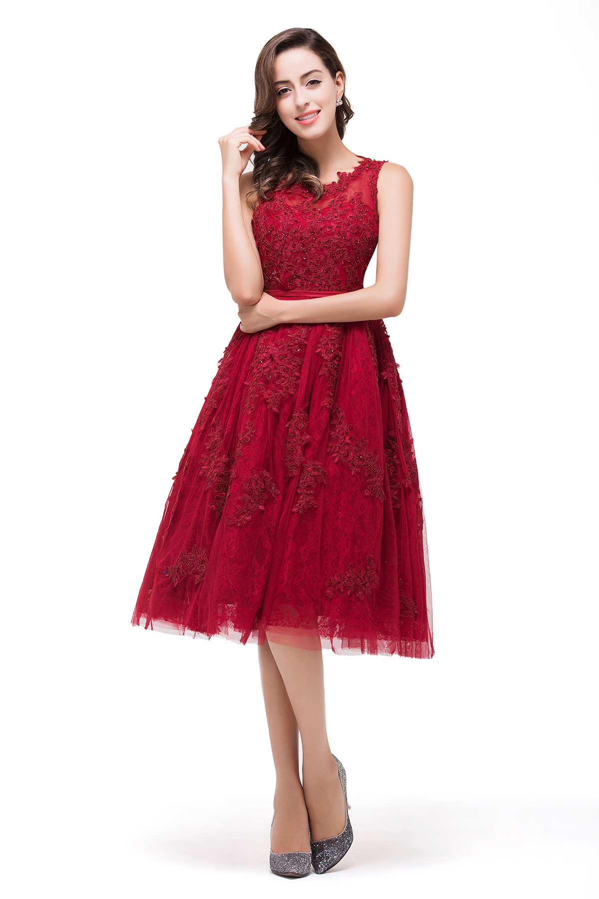 DANA | A-Line Knee-Length Red Lace Tull Prom Dresses with sequins-newarrivaldress