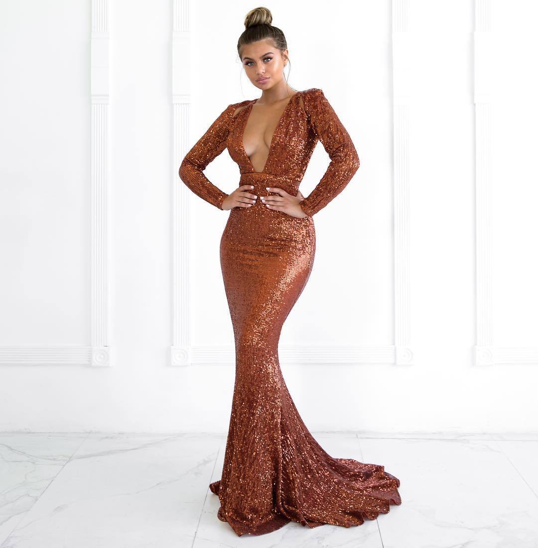 Sexy Deep V-Neck Long Sleeves Mermaid Prom Dress-newarrivaldress