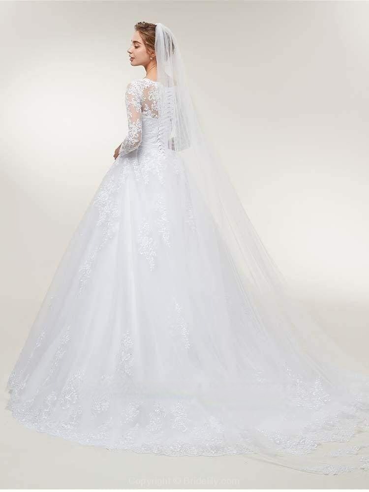 Stunning White Floral Lace Appliques Long Sleeves Aline Wedding Gown-newarrivaldress