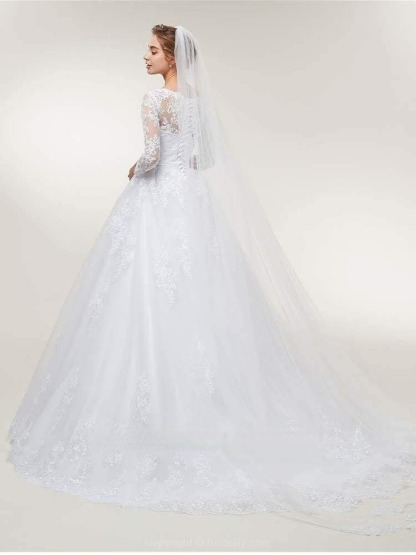 Stunning White Floral Lace Appliques Long Sleeves Aline Wedding Gown-newarrivaldress