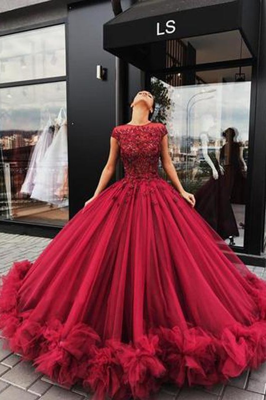 Short Sleeves Burgundy Ball Gown Luxury Scoop Prom Dresses-newarrivaldress