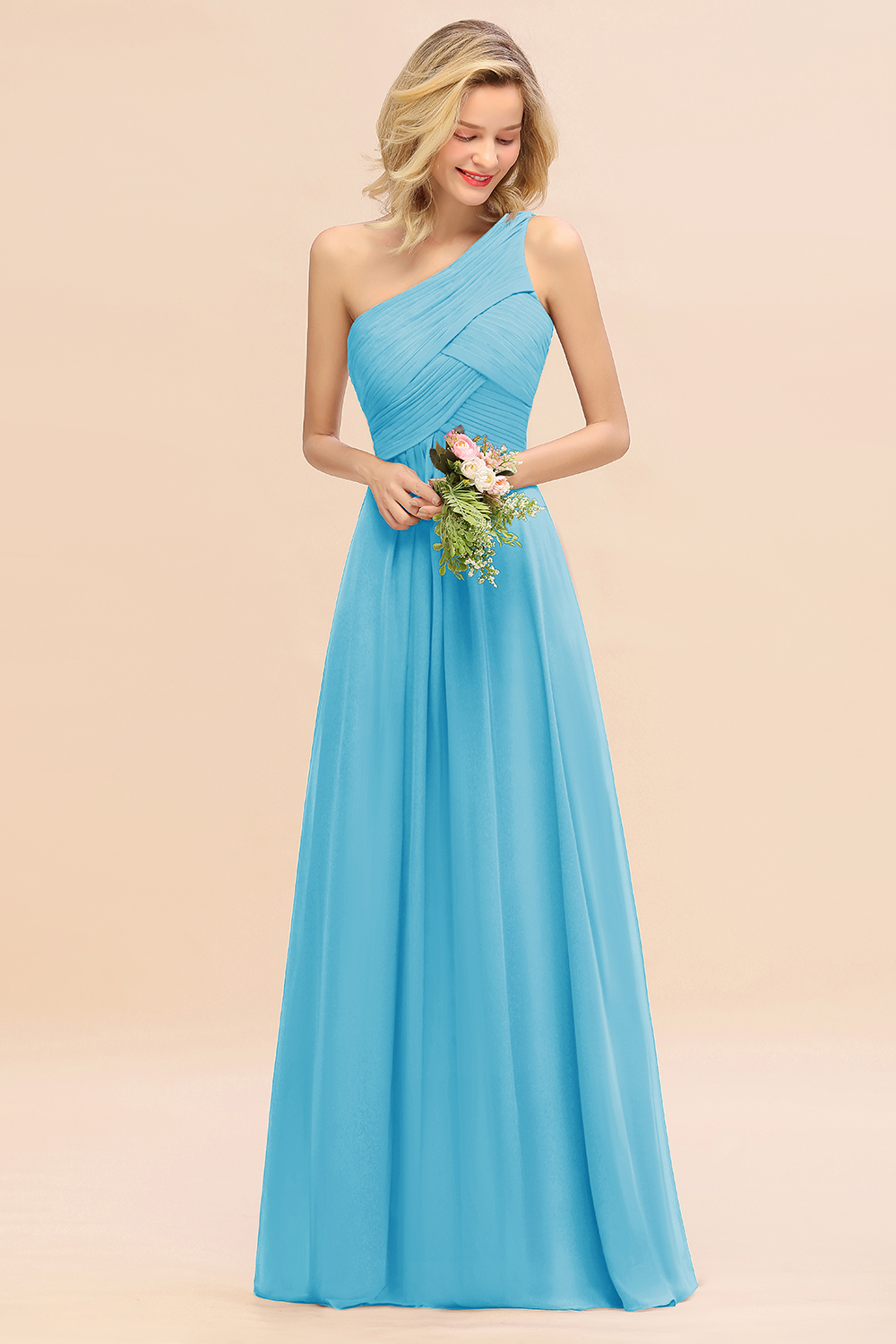 Elegant Ruched Chiffon One Shoulder Bridesmaid Dress Long Sleeveless Evening Dress-newarrivaldress