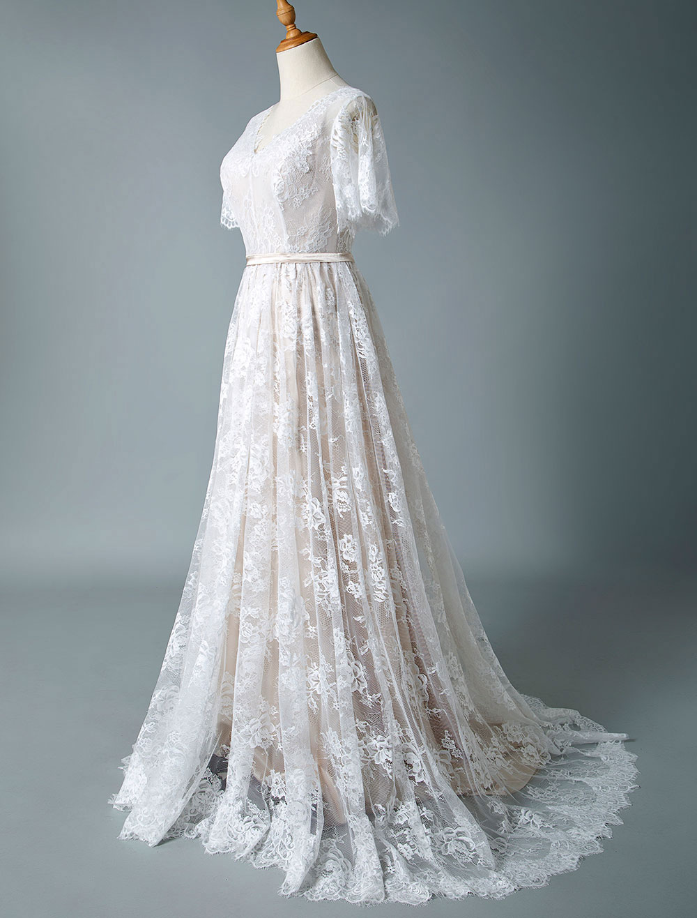 Simple Wedding Dress 2021 V Neck A Line Short Sleeve Deep V Backless Lace Bridal Gowns-newarrivaldress