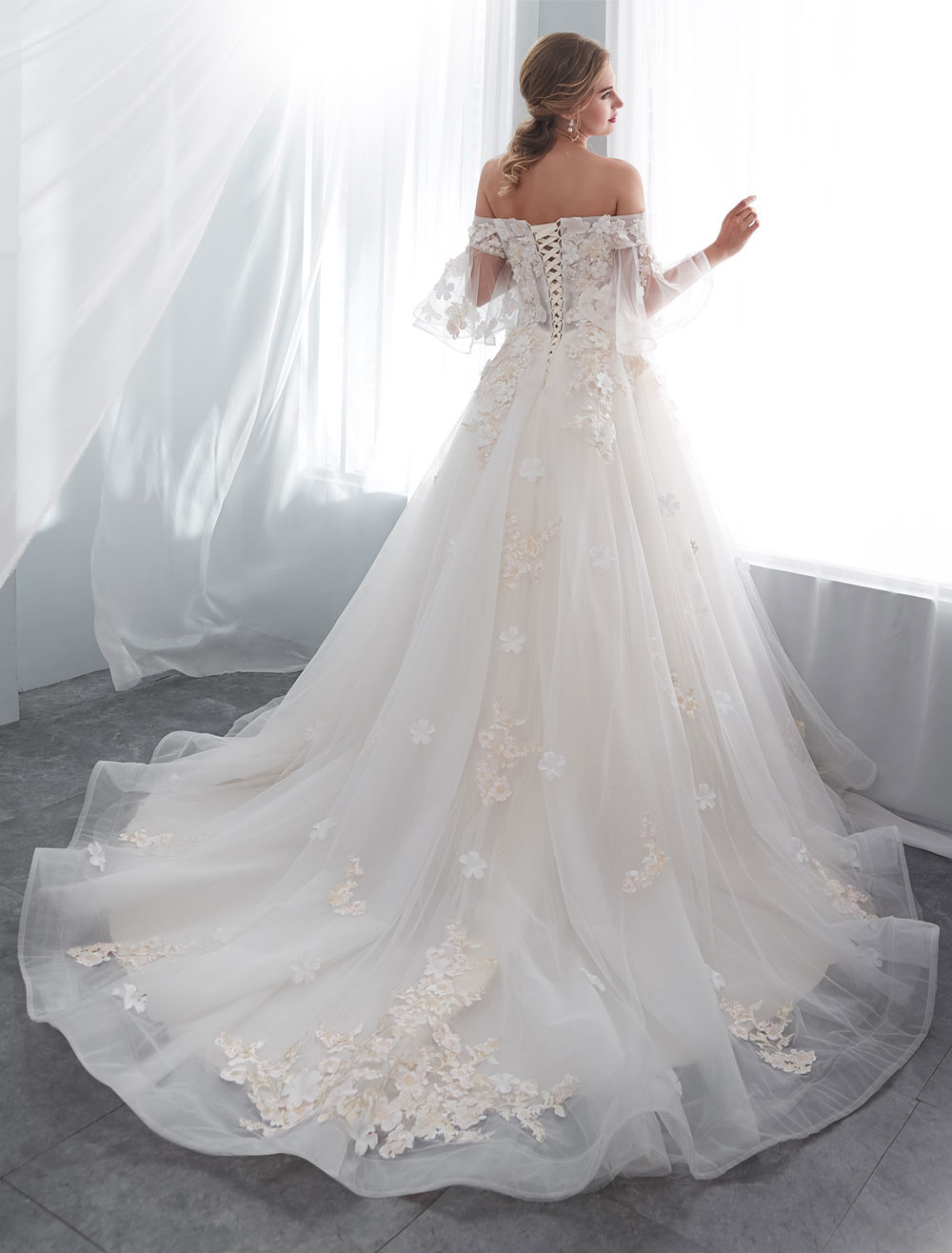 Princess Wedding Dresses Half Sleeve Off Shoulder Lace Flowers Pearls Applique Ivory Bridal Dress With Train-newarrivaldress