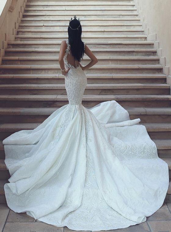 Elegant V-Neck Sleeveless Wedding Dresses | Mermaid Lace Bridal Gowns with Buttons BA9550-newarrivaldress