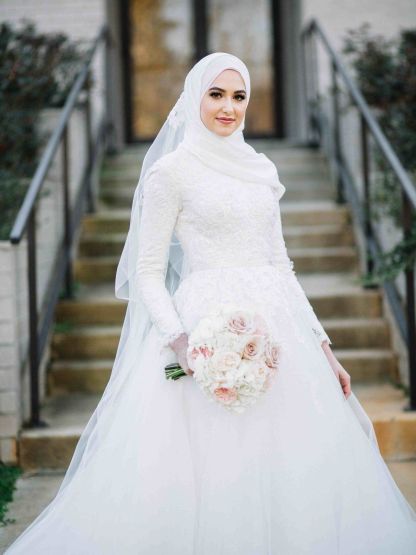 Layers-Tulle Long Sleeve Applique Muslim High Neck Wedding Dresses-newarrivaldress