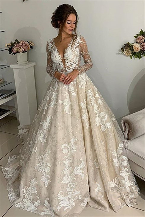 Elegant Lace Appliques V-Neck Wedding Dresses | See Through Long Sleeve Open Back Bridal Gowns-newarrivaldress