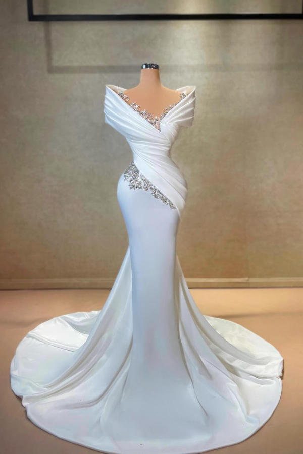 Off-the-Shoulder Ruched Satin White Trumpet Evening Dresses with Sweep Train-newarrivaldress