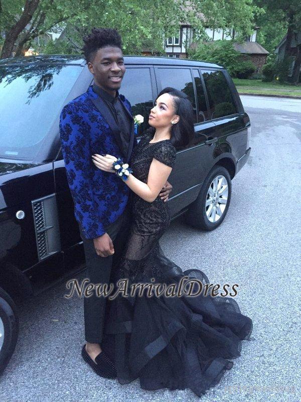 Appliques Beadings Tulle Sexy Black Mermaid Short-Sleeves Prom Dress-newarrivaldress