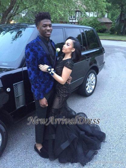 Appliques Beadings Tulle Sexy Black Mermaid Short-Sleeves Prom Dress-newarrivaldress