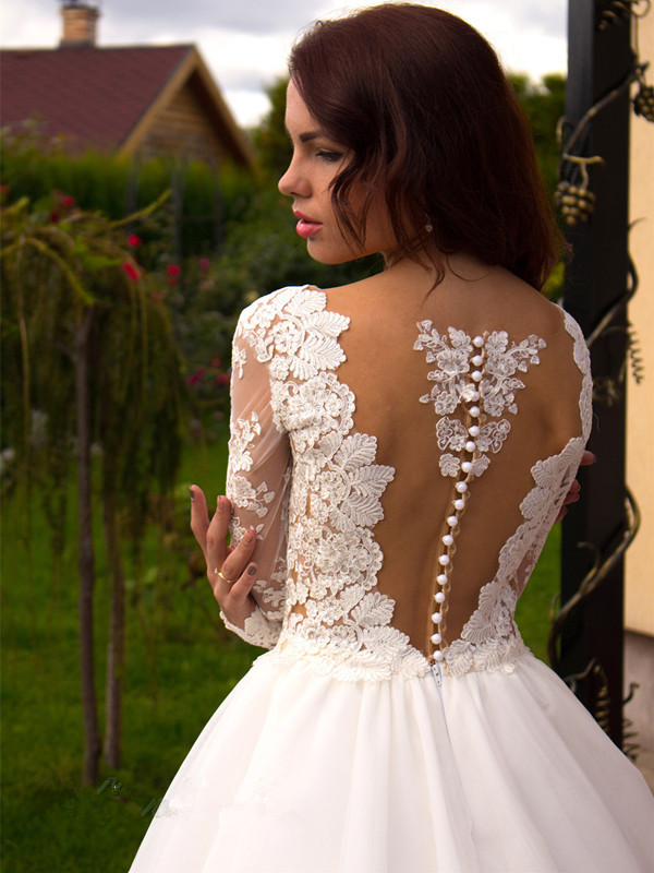 Elegant Long Sleeve Button Lace Appliques Princess Glamorous Tulle Wedding Dresses-newarrivaldress