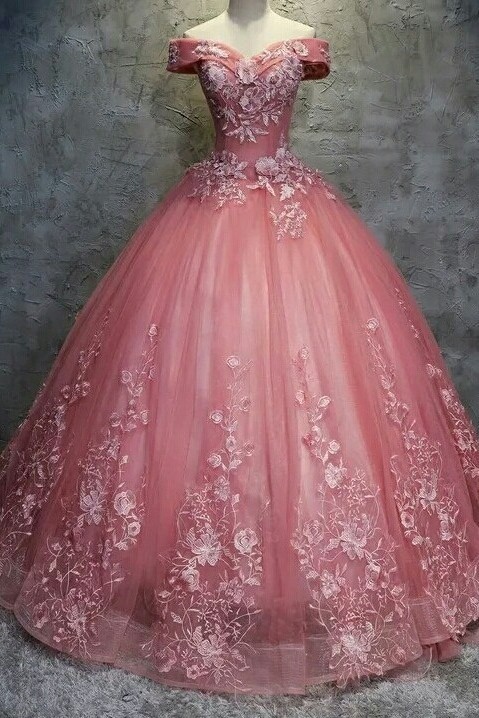 Elegant Off-The-Shoulder Ball gown Appliques Sleveless Floor-Length Lace-up Prom Dresses-newarrivaldress