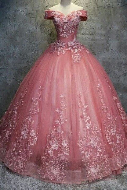 Elegant Off-The-Shoulder Ball gown Appliques Sleveless Floor-Length Lace-up Prom Dresses-newarrivaldress