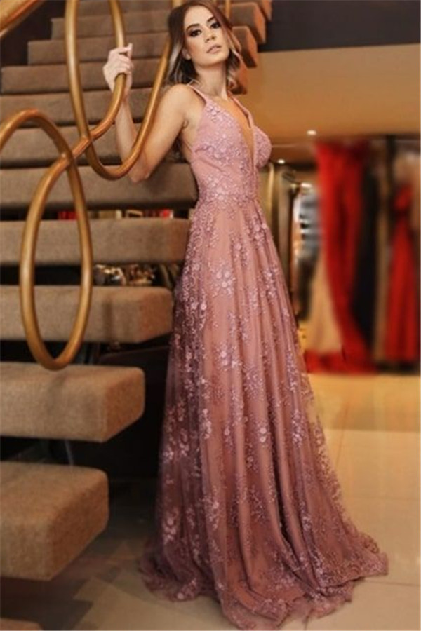 Sexy Spaghetti-Strpas Appliques Backless A-Line Prom Dresses-newarrivaldress