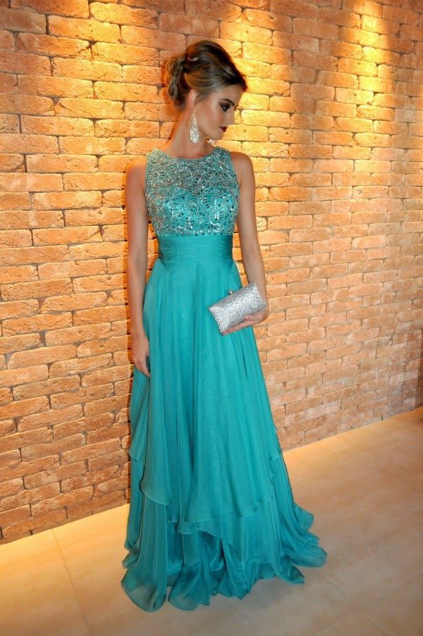 Crew Neck Lace Sequins Chiffon Prom Dresses Sweep Train Evening Gowns-newarrivaldress