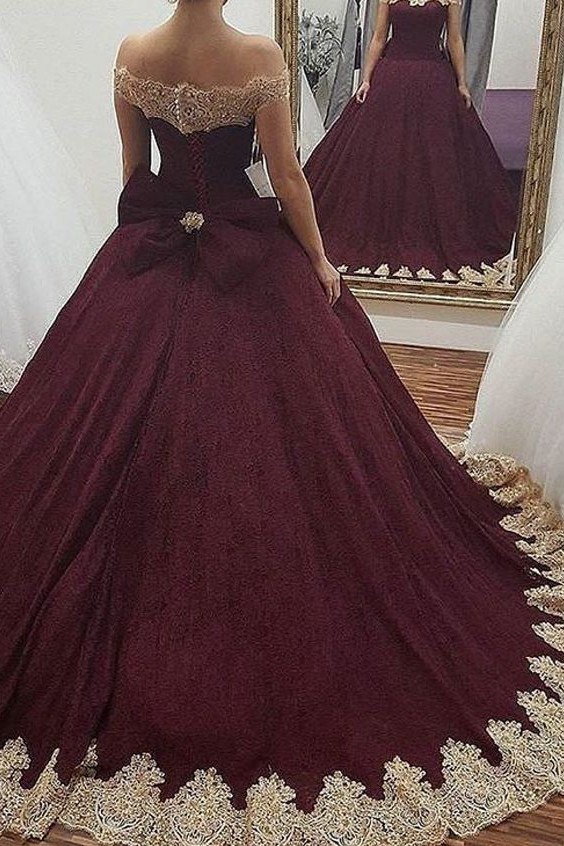 Glamorous Off the Shoulder Bowknot Burgundy Gold Ball Gown Fromal Prom Dresses-newarrivaldress