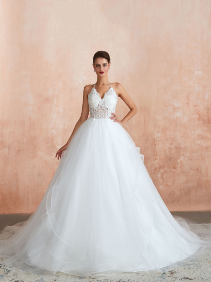 Wedding Dress 2021 Ball Gown Halter Sleeveless Floor Length Lace Tulle Bridal Gowns With Train-newarrivaldress