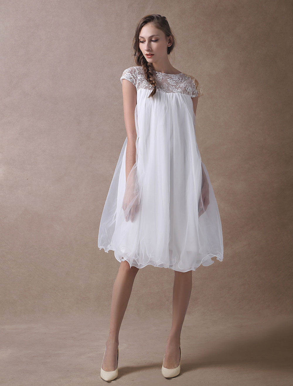 Simple Wedding Dresses Short Empire Waist Lace Tulle Cap Sleeve Pregnant Bridal Dress Exclusive-newarrivaldress