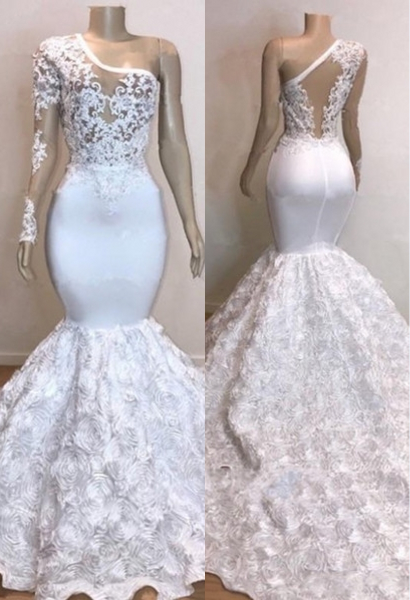 One Shoulder Lace Appliques Meramid Long Prom Dresses with sleeves-newarrivaldress