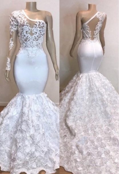 One Shoulder Lace Appliques Meramid Long Prom Dresses with sleeves-newarrivaldress