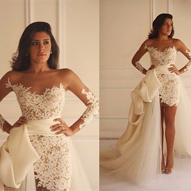 Long Sleeve Lace Short Bridal Gown with Detachable Train New Arrival Wedding Dress-newarrivaldress