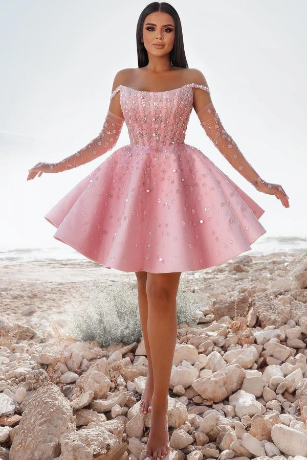 Cute Off-the-Shoulder Short Homecoming Dress Pink Knee Length Satin Beadings Party Dress-newarrivaldress