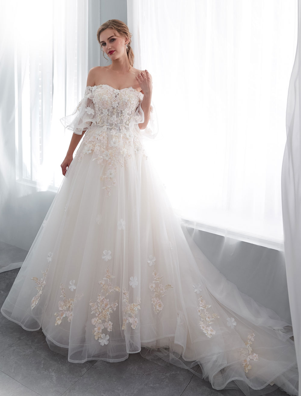 Princess Wedding Dresses Half Sleeve Off Shoulder Lace Flowers Pearls Applique Ivory Bridal Dress With Train-newarrivaldress