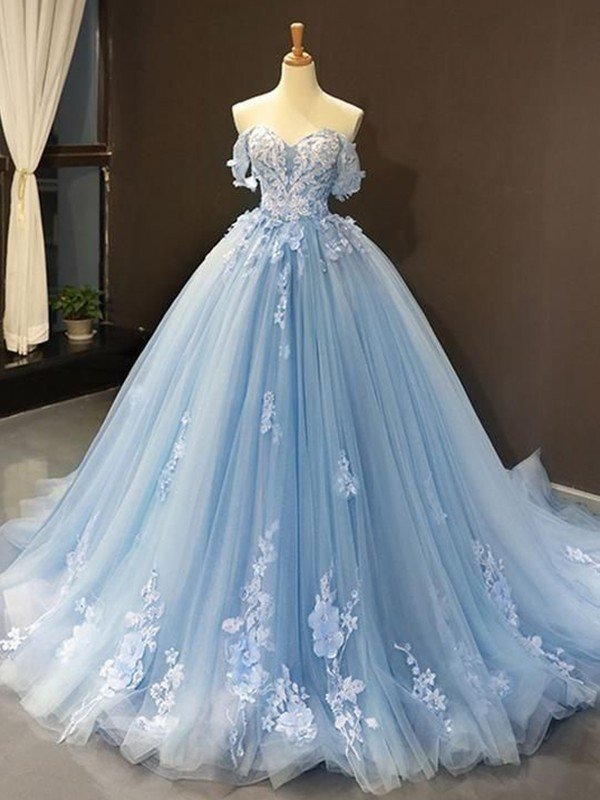Sky Blue Off-the-Shoulder Tulle Lace Ball Gown Quinceanera Dress with Floral Pattern-newarrivaldress