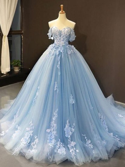 Sky Blue Off-the-Shoulder Tulle Lace Ball Gown Quinceanera Dress with Floral Pattern-newarrivaldress