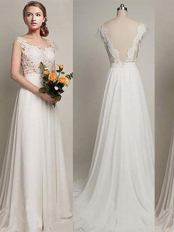 Elegant Sweep Train A-Line Bridal Gowns | Sleeveless Chiffon Wedding Dresses Online