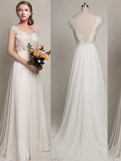 Elegant Sweep Train A-Line Bridal Gowns | Sleeveless Chiffon Wedding Dresses Online