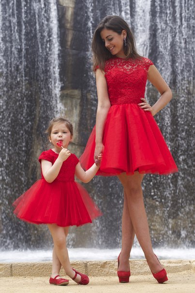Lovely Red Lace Mother and Daughter Dress Tulle Short Cocktail Dress-newarrivaldress