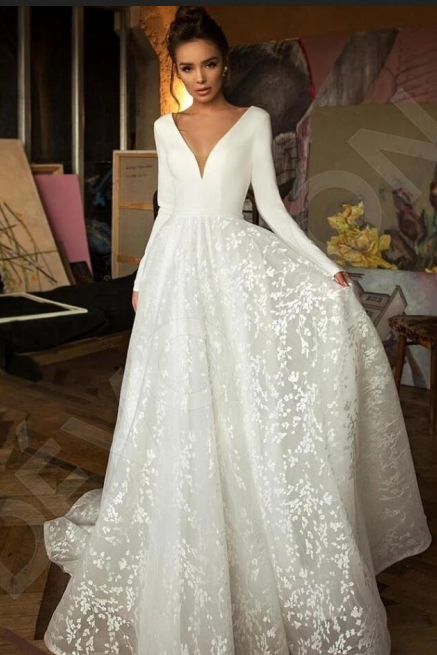 Elegant Lace Bridal A-line V-Neck Long Sleeves Wedding Dresses-newarrivaldress