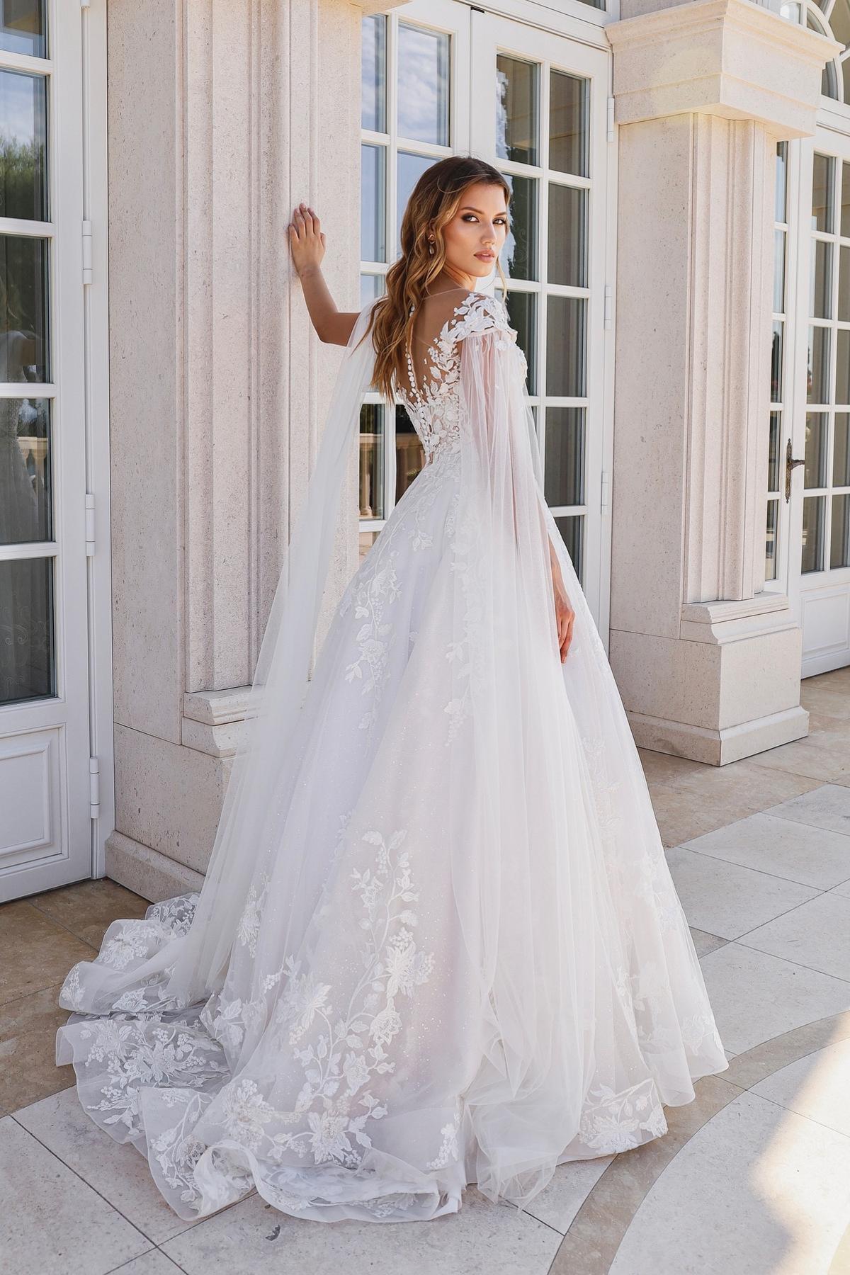 Elegant Floral Lace Tulle Wedding Dress Aline with Long Cape-newarrivaldress