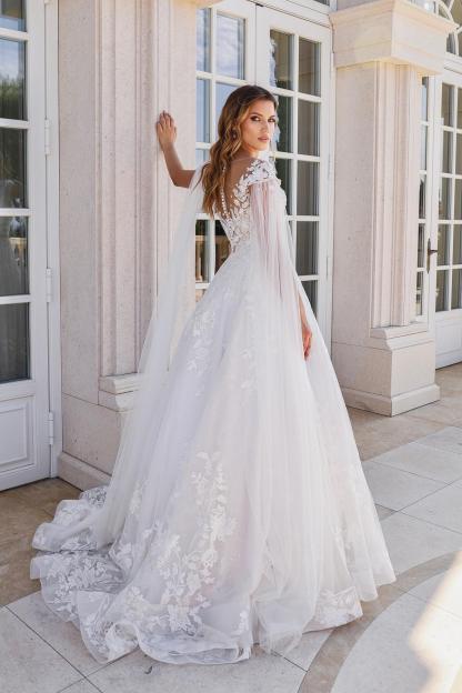 Elegant Floral Lace Tulle Wedding Dress Aline with Long Cape-newarrivaldress